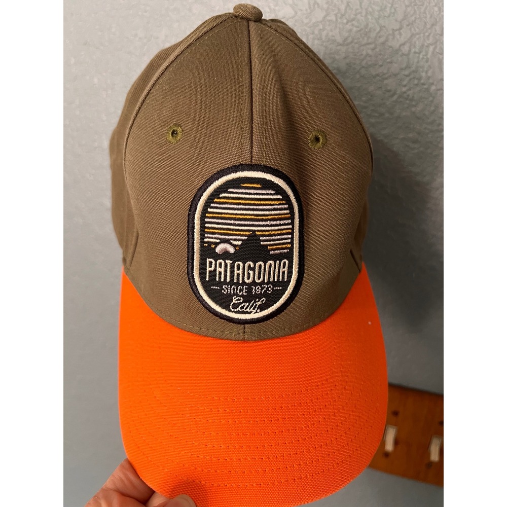 Patagonia Mens Organic Cotton Snapback Hat Olive Green Blaze Orange Patch Cap